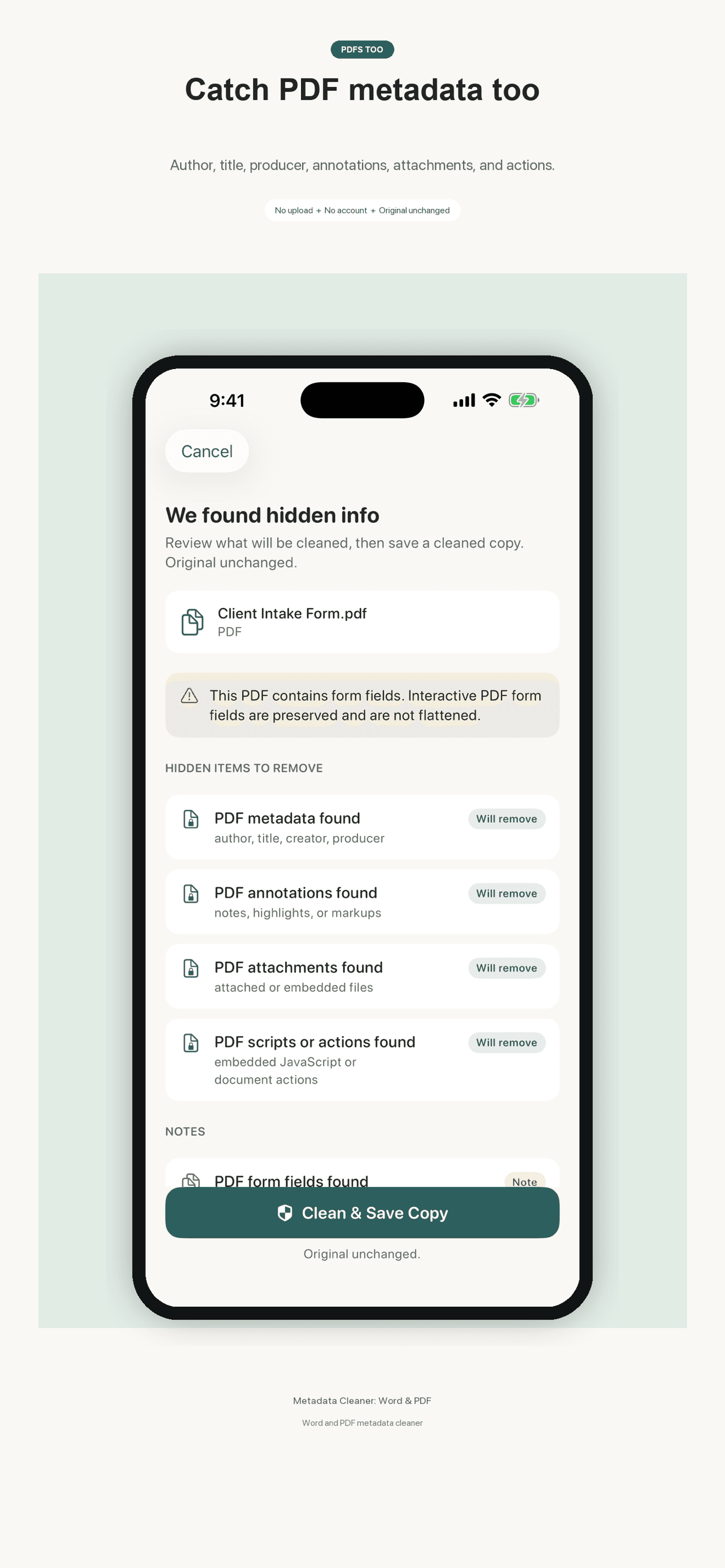 Metadata Cleaner on iPhone showing supported PDF metadata, annotations, attachments, scripts, actions, and preserved form fields before cleaning