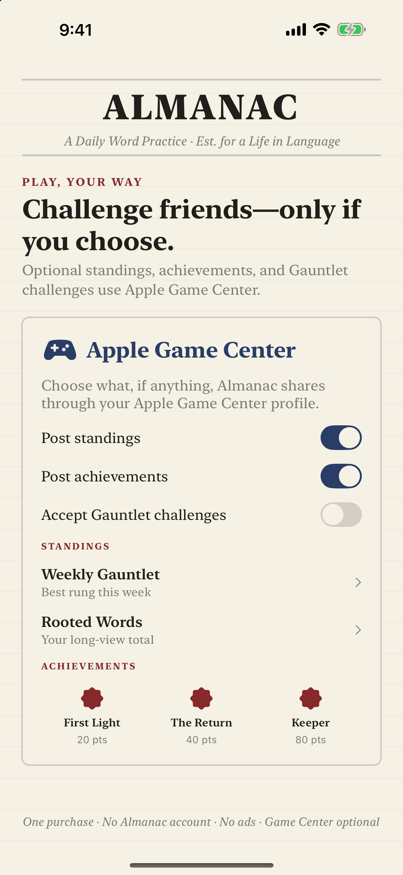 Almanac settings screen showing separate optional Game Center controls