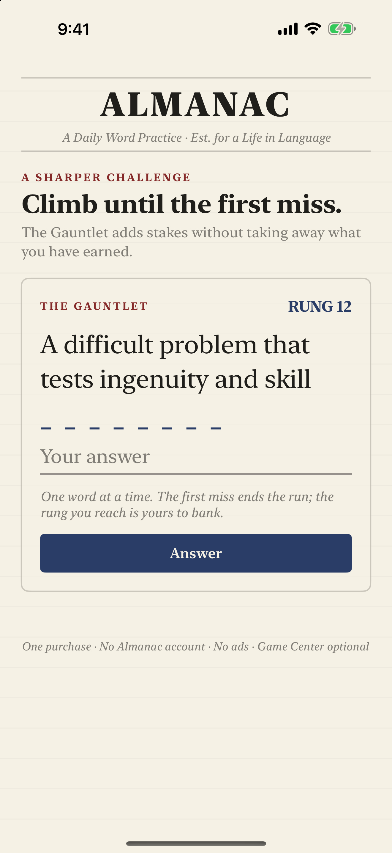 Almanac Gauntlet mode with a rung score and word prompt