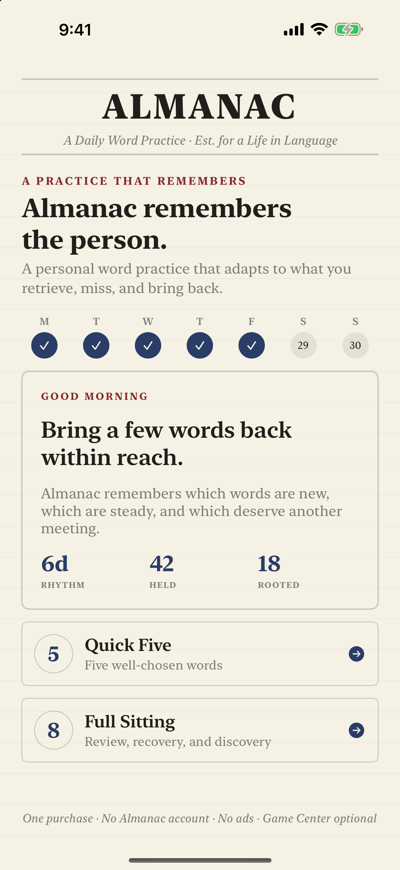 Almanac home screen showing Quick Five, Full Sitting, and a weekly practice rhythm