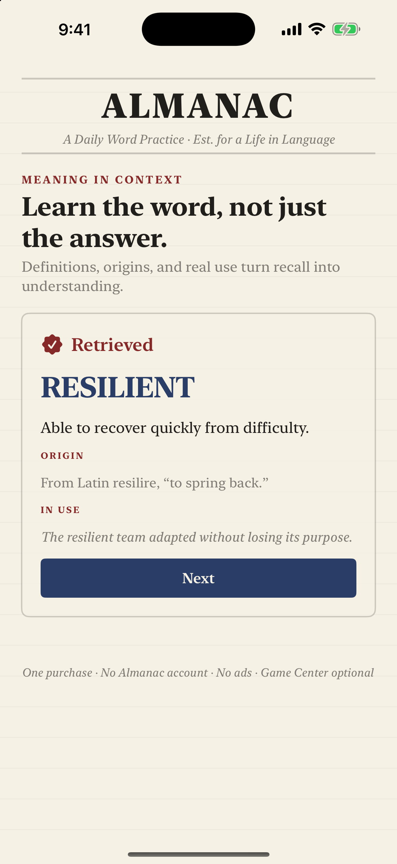 Almanac explanation screen showing a word definition, origin, and usage