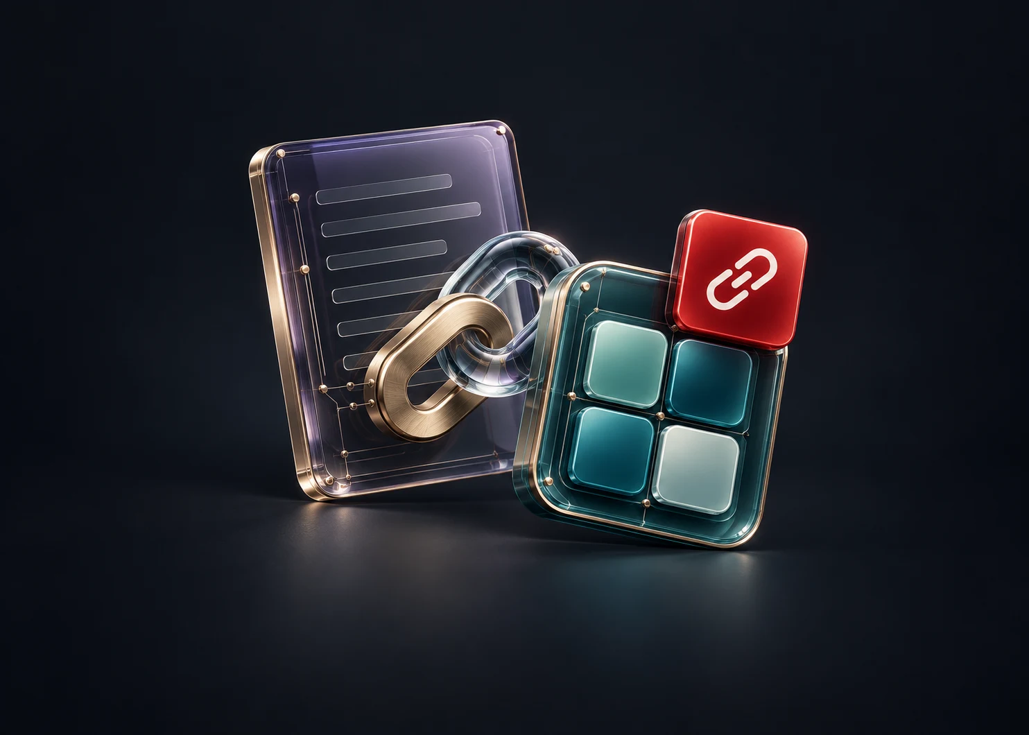 Smoked violet glass, teal app tiles and gold connectors with a red focal tile.